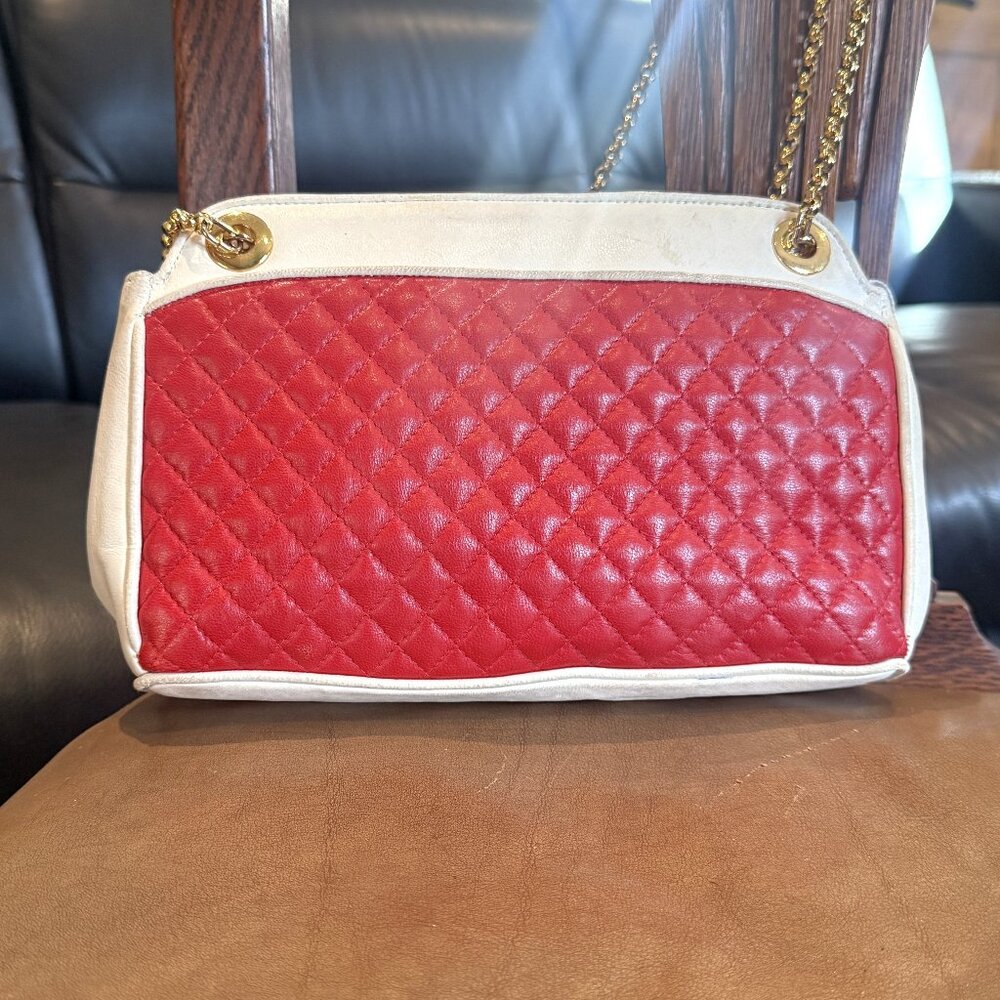 Vintage Jay Herbert Quilted leather bag Red White leather gold chain strap